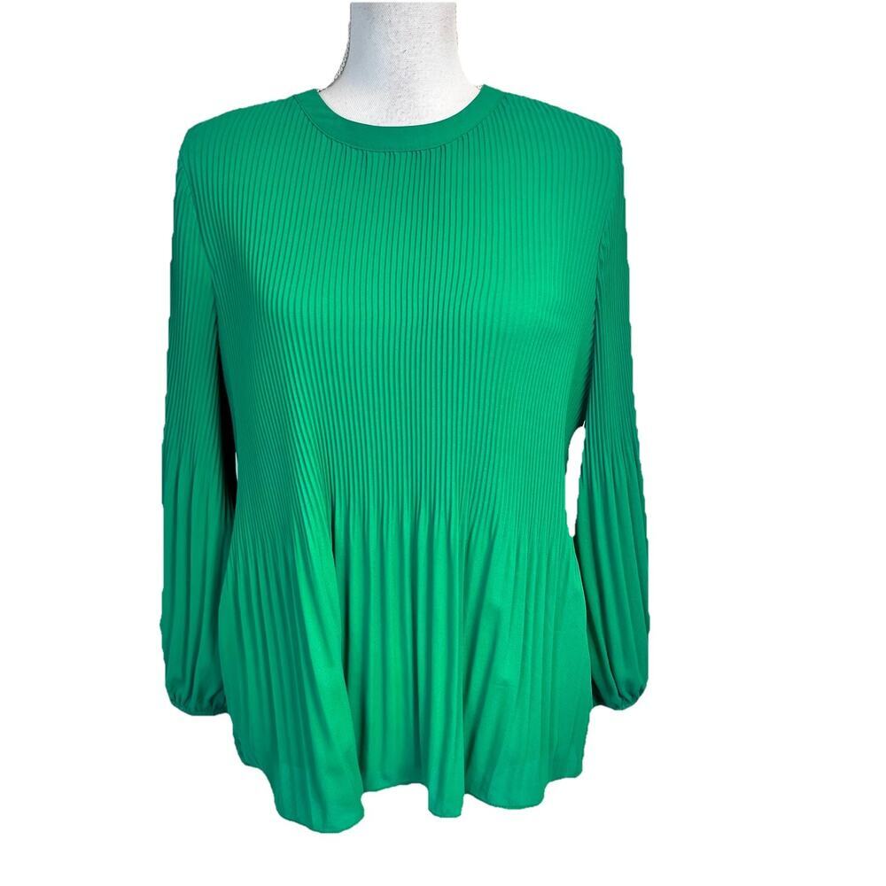 Adrianna Papell Blouse sz Small Green Pleated Modest Career Church Peasant Boho